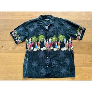 Favant Mens XXXL Black Hawaiian Shirt Surfboard Palm Tree Cotton Aloha Button Up